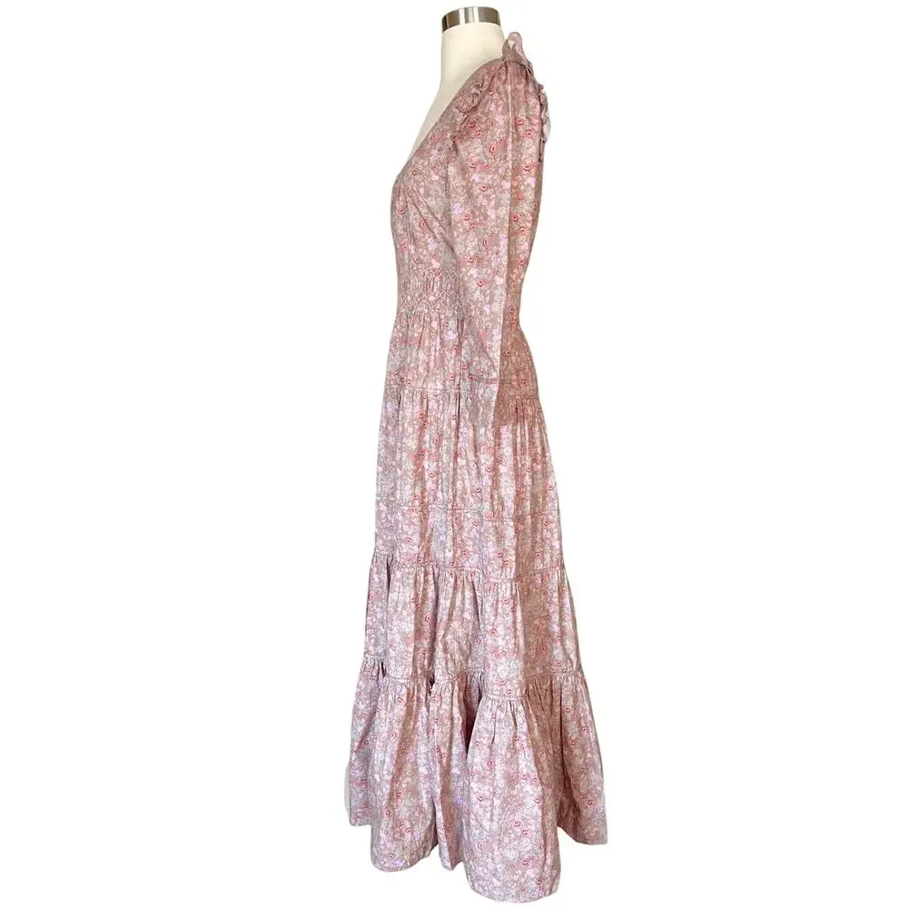 LOVESHACKFANCY Lyna Maxi Dress Tan Garden Cotton Ruffle Floral Pink S 4-6 Sample - Picture 6 of 14